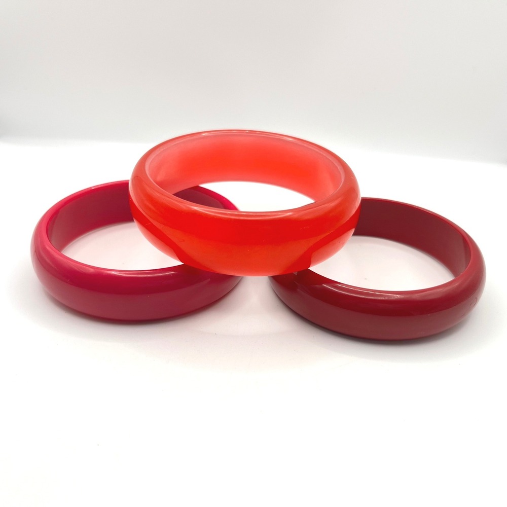 Set of 3 Red Chunky Dome Bangle Bracelets Resin Acrylic Stackable Retro Style
